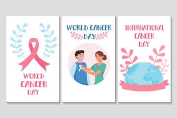 World cancer day set of posters in flat cartoon design. These posters are filled with various elements of World Cancer Day, including a pink ribbon, people and the planet. Vector illustration.