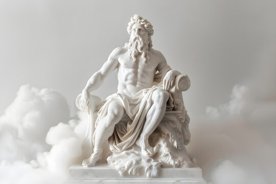 Marmorstatue von Zeus vor grauem Hintergrund, griechische Mythologie, erstellt mit generativer KI