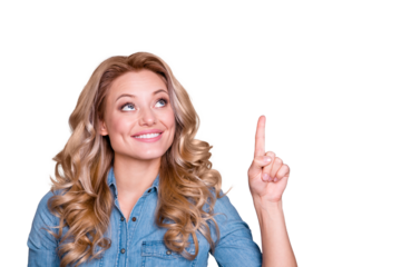 Close up photo amazing beautiful she her lady hold arm hand finger point up empty space propose offer buy buyer new product wearing casual jeans denim shirt clothes outfit isolated grey background