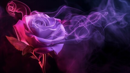 Mystical purple rose flower and red smoke