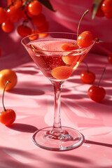 Summer cocktail drink with fruit and ice on a pink background, summer concept, 3d render