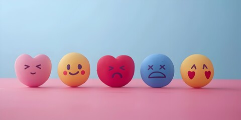 Emotive Symbols and Expressions of Human Emotions Depicted in Minimalist 3D Shapes and Vibrant Colors on Pink and Blue Background with Copy Space