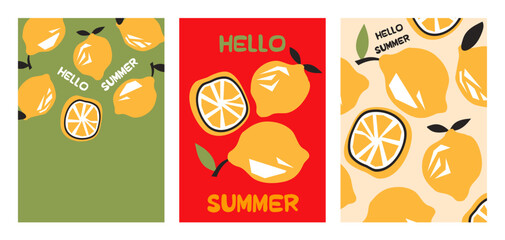 Stylish summer poster lemon set in flat style. Bright fruit compositions. Set of flyers, posters, banners, placards, brochure design. Hello Summer, backgrounds with slices of fruits.  Vector i