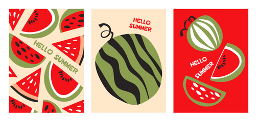 Summer poster watermelon set in flat style. Fruits bright compositions. Set of flyers, posters, banners, placards, brochure design. Hello Summer backgrounds with slices of fruits.  Vector illustration