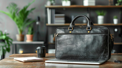 efficient workspace concept black leather briefcase holding laptop and notebook on desk against grey background