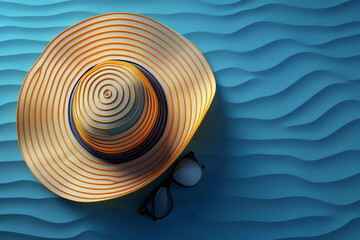Striped retro summer hat, top view, summer concept, 3d render 