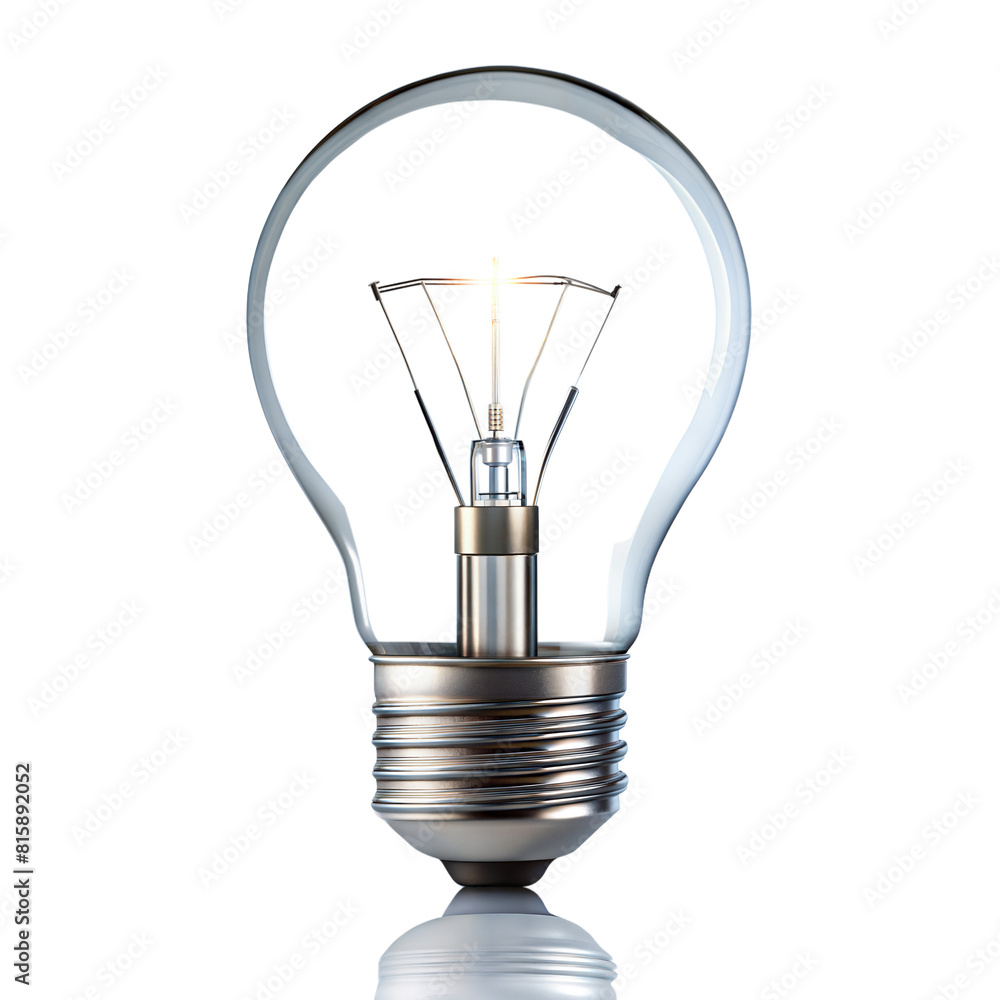 Poster illuminated light bulb showing inner filament on transparent background