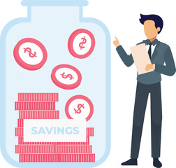 Boy looking at money saving jar.