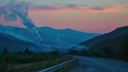 a picturesque road bordered by a guardrail in the foreground, while beside it looms an electric power plant emitting billows of white smoke from its chimney.