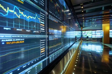 Detailed analysis of market data on a digital screen in a trading room