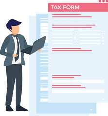 Boy looking at tax form on laptop.