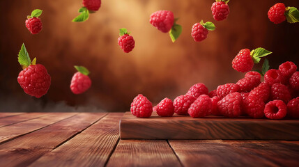 Sweet ripe raspberries in a bowl on a wooden table, focus shot, and space for text, blurred...
