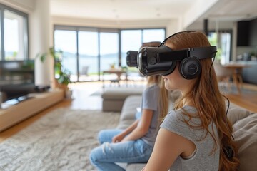 Two girls sitting on a couch at home, wearing VR headsets. The modern living room is spacious with large windows and a view of the outdoors, enhancing the immersive experience.