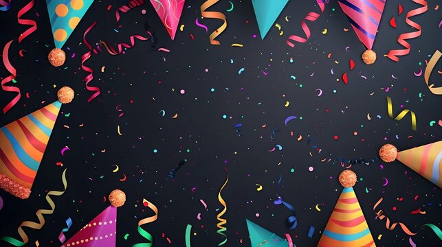 Vibrant Festive with Colorful Confetti Streamers and Balloons on Dark Background
