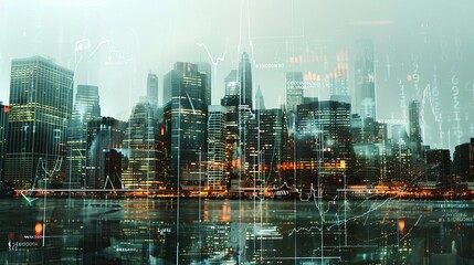 Naklejka premium Digital graphs overlaid on cityscape, symbolizing urban economic growth