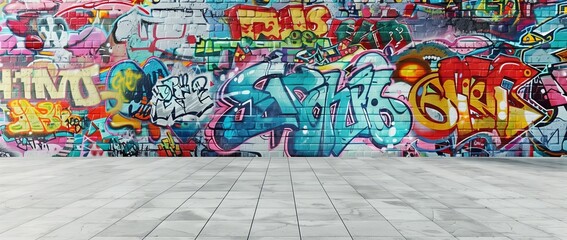 Obraz premium Graffiti wall with colorful street art, urban background for design or decoration in city