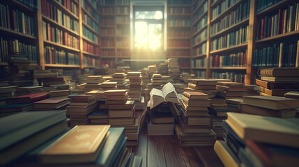 Obraz premium Open books and piles of old books on a wooden table in an old library Old hardcover book, diary, pages, retro style, historical background.