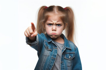 Angry kid girl pointing with finger on white background