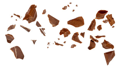 Broken chocolate piece explosion Dark Chocolate pieces isolated. Levitating Chocolate pieces on...