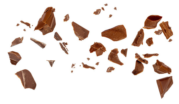 Broken chocolate piece explosion Dark Chocolate pieces isolated. Levitating Chocolate pieces on white background as package design elements.&nbsp;.