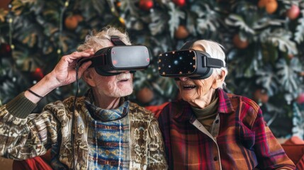Elderly couple with virtual reality headsets, exploring new technology