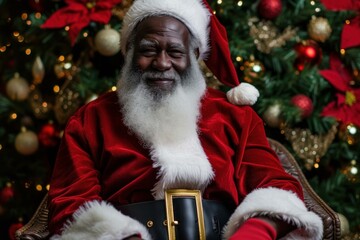 Festive Black santa cuddling little afro kid. Embracing cheerful moment in xmas celebration. Generate ai