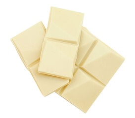 White chocolate bar pieces isolated on white background. Milk chocolate top view. Flat lay. Package design elements.