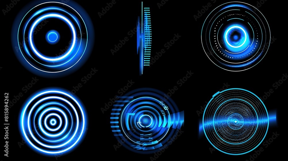 Poster cutting-edge digital interface designs: futuristic circles and blue light waves for science and tech