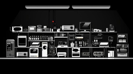 Obraz premium electronics store flat design side view tech gadgets theme animation black and white