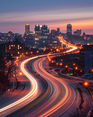 Elevated nighttime cityscape, traffic trails in long exposure, lit skyline, wide view, vibrant hues , High Resolution DSLR