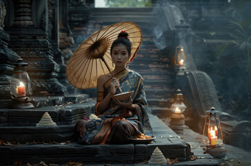 Naklejka premium A Thai woman in traditional attire, holding an umbrella and a bowl of porridge while sitting on stone steps with ancient lamps surrounding her.