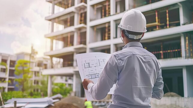 Engineer examining architectural plans on a construction site