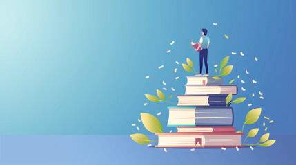 Illustration of a young smart male and female reader sitting on a giant pile of books and reading. Ebook ideas for digital libraries book festival Flat Art Vector