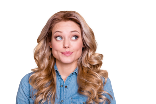 Close up photo funky amazing beautiful she her lady look up empty space feel sorry ponder pensive thoughtful thought dreamer wearing casual jeans denim shirt clothes outfit isolated grey background