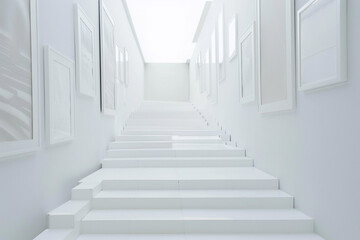 Minimalist exhibition with white frames in a descending staircase pattern. --ar 3:2 --style raw -...