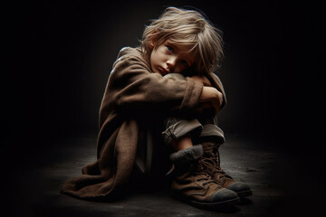 A sad homeless child from a low-income family black background copy space