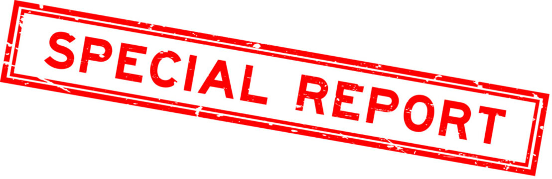 Grunge red special report word square rubber stamp in white background