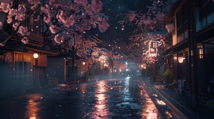 rural city of japan, night mode with sakura