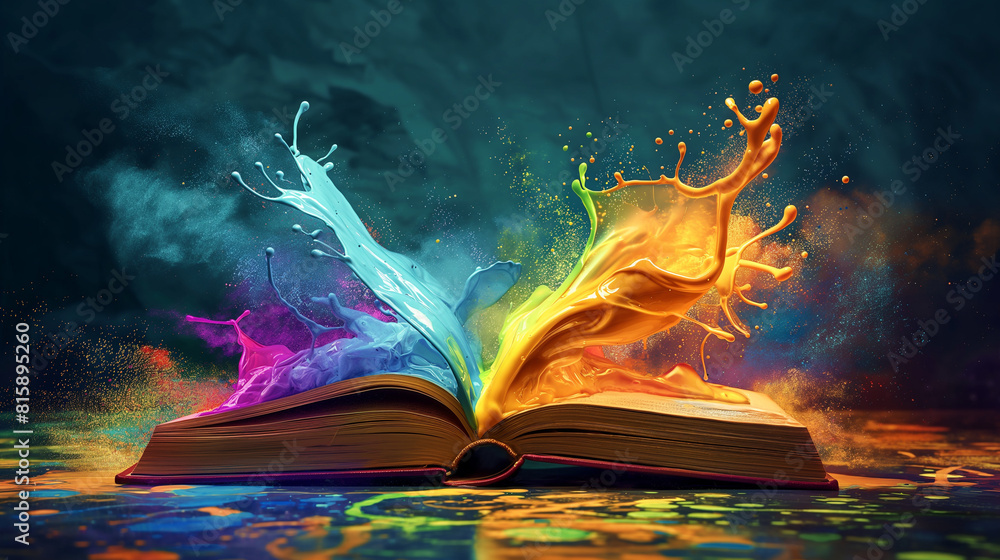 Poster abstract 3d illustration of colorful objects floating on a fantasy book. brainstorm and inspire idea