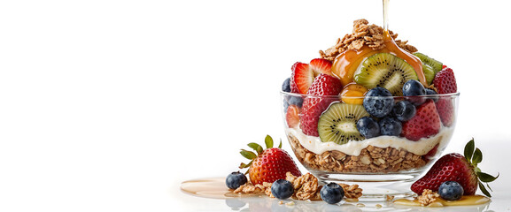 Fototapeta premium Isolated Fruit and Granola Parfait Drizzled with Honey With White Copy Space.