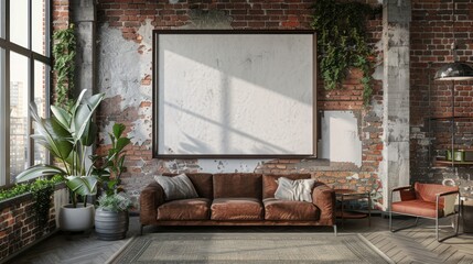 Frame mockup in living room loft, industrial style.