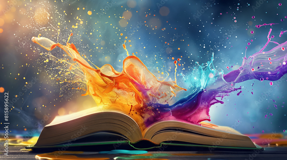 Poster abstract 3d illustration of colorful objects floating on a fantasy book. brainstorm and inspire idea