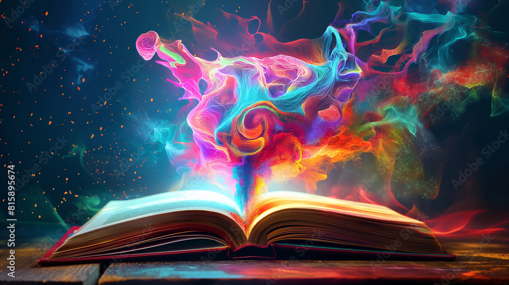 Poster abstract 3d illustration of colorful objects floating on a fantasy book. brainstorm and inspire idea