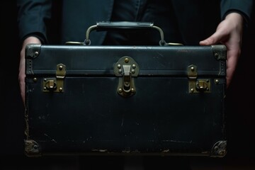 Close-up of an unidentifiable person holding an old, weathered suitcase against a dark backdrop