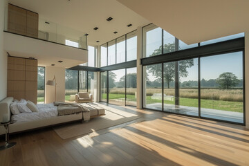 Modern, airy bedroom in a luxury wear house with floor-to-ceiling windows and minimalist furnishings, viewed from the front.