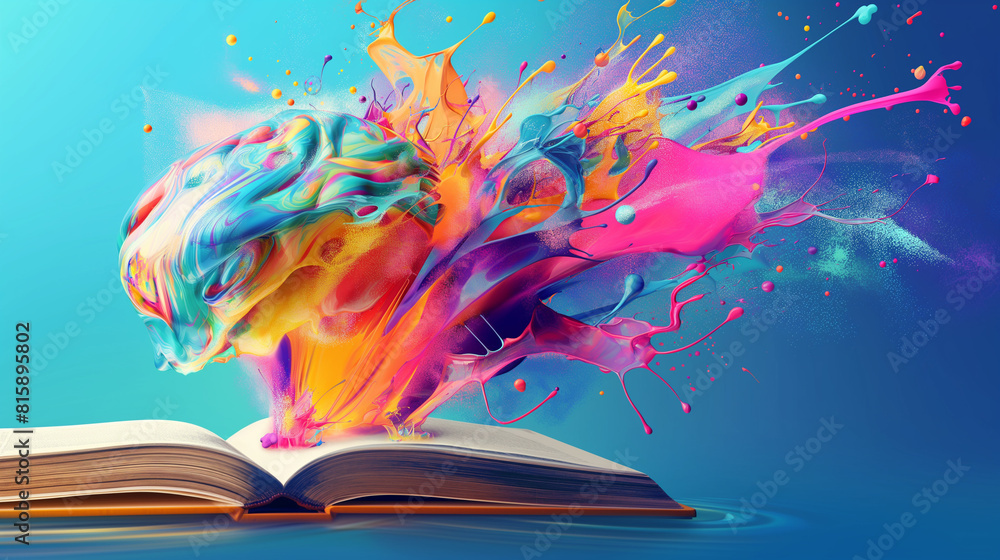 Poster abstract 3d illustration of colorful objects floating on a fantasy book. brainstorm and inspire idea