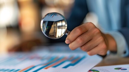 A hand holding a magnifying glass over a bar graph, emphasizing the importance of detailed data analysis.