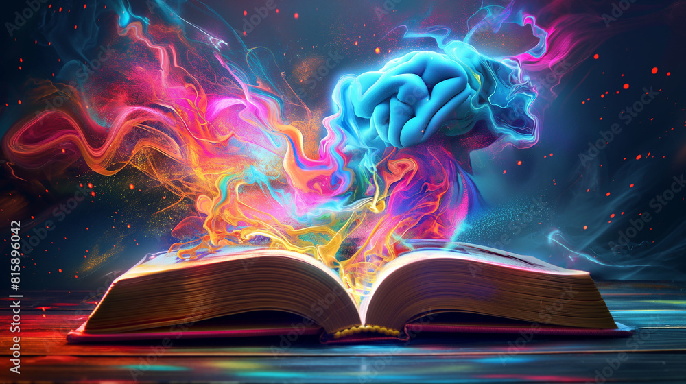 Poster abstract 3d illustration of a colorful human brain floating on a fantasy book. brainstorm and inspir