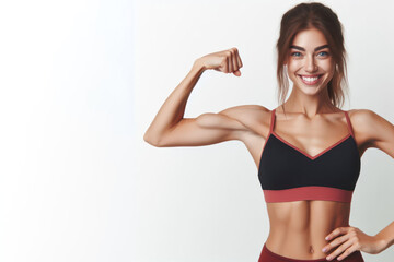 Fototapeta premium Happy young woman with slim body showing her muscles Isolated on white background