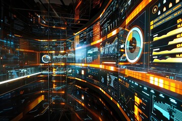 Financial analytics processed through sophisticated digital interfaces in a control room